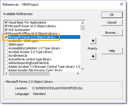 啟用Microsoft表單對象庫