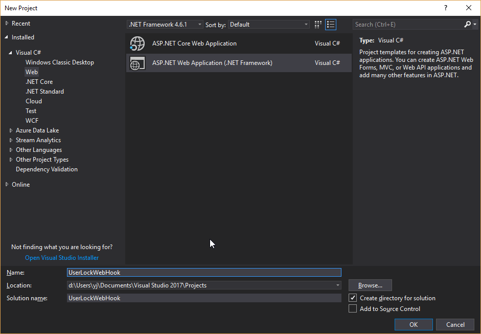 創建userlockwebhook mvc Web應用程序